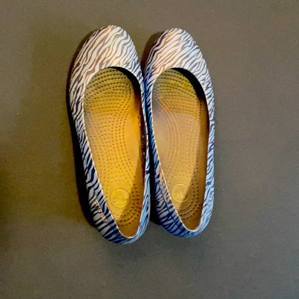 Navy blue zebra print Croc wedges